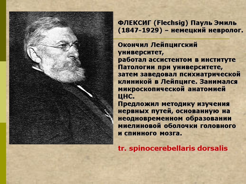 ФЛЕКСИГ (Flechsig) Пауль Эмиль (1847-1929) – немецкий невролог. Окончил Лейпцигский университет, работал ассистентом в